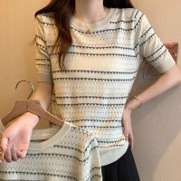 2024夏新款撞色圆领针织衫薄款冰丝T恤女