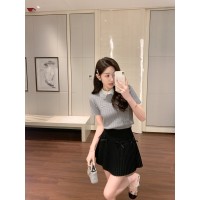 夏季韩版拼接设计新款灰色翻领短袖针织衫女修身显瘦百搭套头上衣
