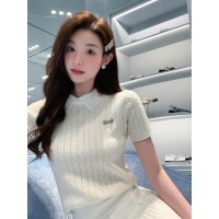 夏季韩版拼接设计新款灰色翻领短袖针织衫女修身显瘦百搭套头上衣