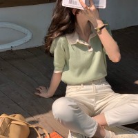 韩版复古洋气气质简约百搭短袖撞色V领polo衫冰丝针织衫T恤上衣女