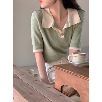 韩版复古洋气气质简约百搭短袖撞色V领polo衫冰丝针织衫T恤上衣女