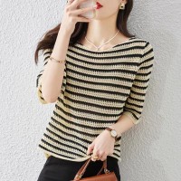 冰丝短袖t恤女夏款2024年条纹针织杉体恤上衣薄款宽松显瘦打底衫