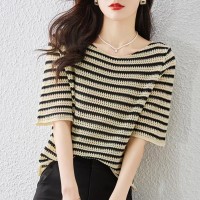 冰丝短袖t恤女夏款2024年条纹针织杉体恤上衣薄款宽松显瘦打底衫