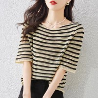 冰丝短袖t恤女夏款2024年条纹针织杉体恤上衣薄款宽松显瘦打底衫