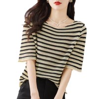 冰丝短袖t恤女夏款2024年条纹针织杉体恤上衣薄款宽松显瘦打底衫