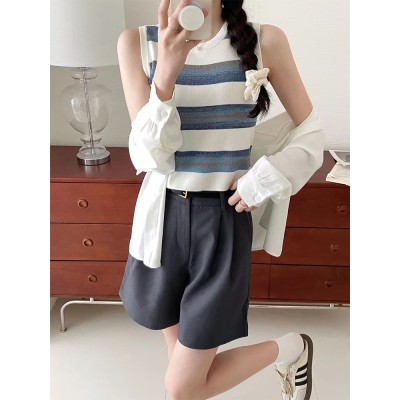 <!--韩版段染条纹时髦少女背心女夏季修身显瘦短款冰丝凉感针织上衣-->
