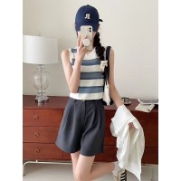 韩版段染条纹时髦少女背心女夏季修身显瘦短款冰丝凉感针织上衣