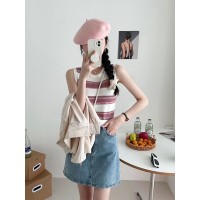 韩版段染条纹时髦少女背心女夏季修身显瘦短款冰丝凉感针织上衣