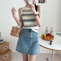 韩版段染条纹时髦少女背心女夏季修身显瘦短款冰丝凉感针织上衣