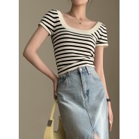JWUNIQUE黑白条纹针织短袖T恤女夏季新款女装2024卡腰小衫U领上衣