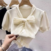 法式蝴蝶结V领短款上衣女夏季设计感小众小香风针织衫冰丝短袖T恤