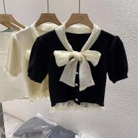 法式蝴蝶结V领短款上衣女夏季设计感小众小香风针织衫冰丝短袖T恤