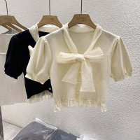 法式蝴蝶结V领短款上衣女夏季设计感小众小香风针织衫冰丝短袖T恤