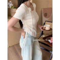 玫瑰花飘带抽绳褶皱短袖T恤女2024夏季显瘦修身洋气卡腰针织上衣