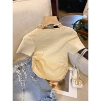 盘扣流苏辣妹方领收腰褶皱打底衫锁骨修身法式针织仙气上衣