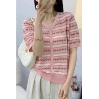 粉色条纹短袖t恤女夏季2024新款时尚圆领百搭天丝针织衫上衣薄款