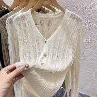 镂空针织衫女长袖毛衣设计感小众高级感麻花V领开衫上衣