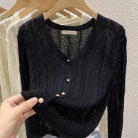 镂空针织衫女长袖毛衣设计感小众高级感麻花V领开衫上衣