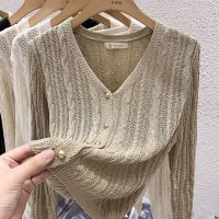 镂空针织衫女长袖毛衣设计感小众高级感麻花V领开衫上衣
