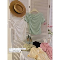 蝴蝶结系带斜领设计短袖薄荷绿T恤女夏修身小众洋气褶皱收腰上衣