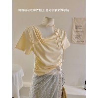 蝴蝶结系带斜领设计短袖薄荷绿T恤女夏修身小众洋气褶皱收腰上衣