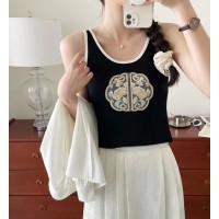 新中式刺绣GUO风短袖t恤女2024设计感开叉收腰显瘦拼色背心女上衣
