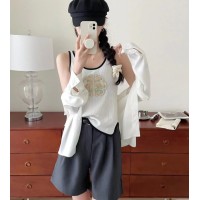 新中式刺绣GUO风短袖t恤女2024设计感开叉收腰显瘦拼色背心女上衣