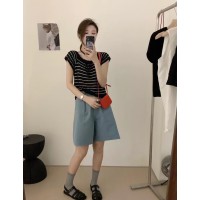 方领镂空条纹短袖针织衫女夏季薄款2024新款设计感小众系带上衣潮