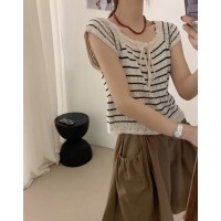 方领镂空条纹短袖针织衫女夏季薄款2024新款设计感小众系带上衣潮