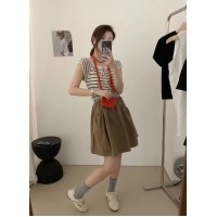 方领镂空条纹短袖针织衫女夏季薄款2024新款设计感小众系带上衣潮