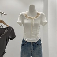 法式甜美纯欲风假两件T恤小衫女夏季修身短款显瘦挂脖短袖ins上衣