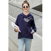 卫衣女春季2024新款时尚宽松大码复古盘扣重工刺绣上衣