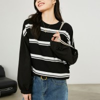 撞色条纹圆领T恤女短款阔版显瘦长袖上衣2024新款春装休闲卫衣