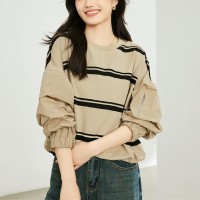 撞色条纹圆领T恤女短款阔版显瘦长袖上衣2024新款春装休闲卫衣