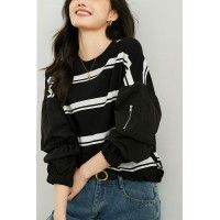 撞色条纹圆领T恤女短款阔版显瘦长袖上衣2024新款春装休闲卫衣