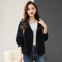 针织外套女拉链款纯色拼色连帽百搭上衣