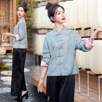 现货2024年春季新中式提花盘扣短外套女蓝色高级感改良唐装上衣