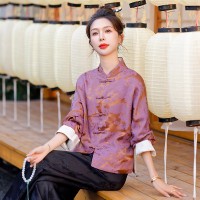 现货2024年春季新中式提花盘扣短外套女蓝色高级感改良唐装上衣
