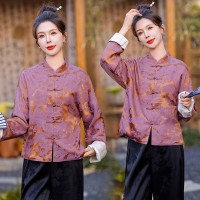 现货2024年春季新中式提花盘扣短外套女蓝色高级感改良唐装上衣