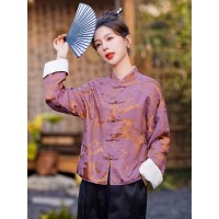 现货2024年春季新中式提花盘扣短外套女蓝色高级感改良唐装上衣