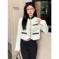 2024早春修身法式小香风质感别致立领撞色短款外套女
