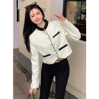 2024早春修身法式小香风质感别致立领撞色短款外套女