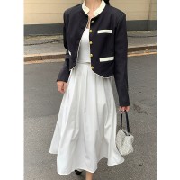 2024早春修身法式小香风质感别致立领撞色短款外套女