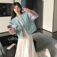 现货2024春季新款牛仔短外套复古风拼接短款牛仔上衣y