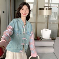 现货2024春季新款牛仔短外套复古风拼接短款牛仔上衣y