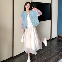 现货2024春季新款牛仔短外套复古风拼接短款牛仔上衣y