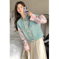现货2024春季新款牛仔短外套复古风拼接短款牛仔上衣y