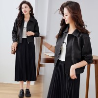 现货小个子皮衣外套女2024春装新款休闲宽松百搭pu夹克机车服上衣