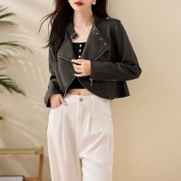 现货中古款美拉德棕色皮衣外套女美式复古短款夹克外套