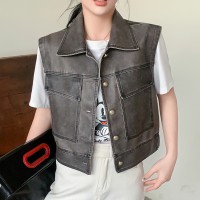 2024春装新款时尚复古做旧皮甲马甲